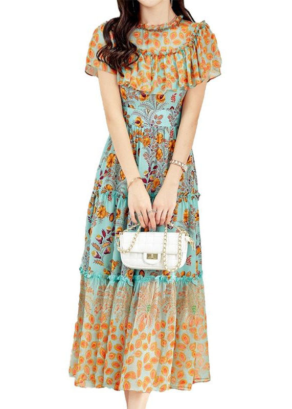 French Colorblock Ruffled Patchwork Print Silk Long Dresses Summer