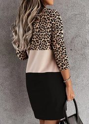 French Colorblock Stand Collar Off The Shoulder Patchwork Leopard Print Mid Dress Long Sleeve