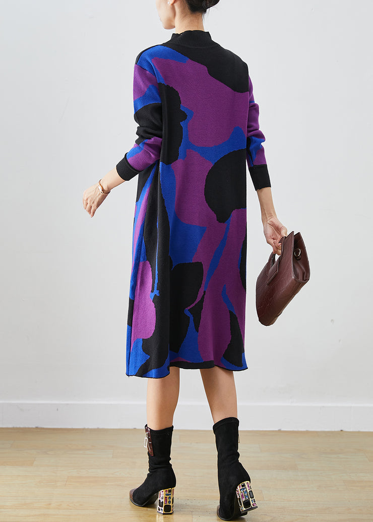 French Colorblock Turtle Neck Print Knit A Line Dresses Fall