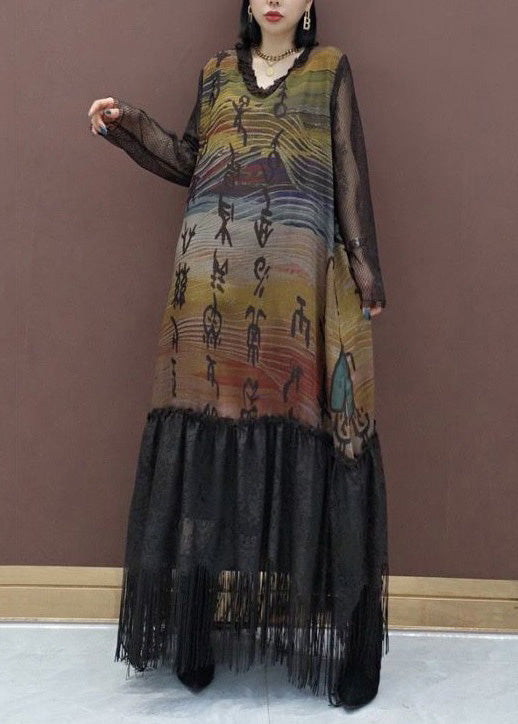 French Colorblock V Neck Print Lace Patchwork Long Dress Spring