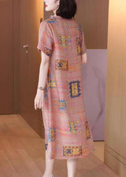 French Colorblock V Neck Print Patchwork Linen Dresses Summer