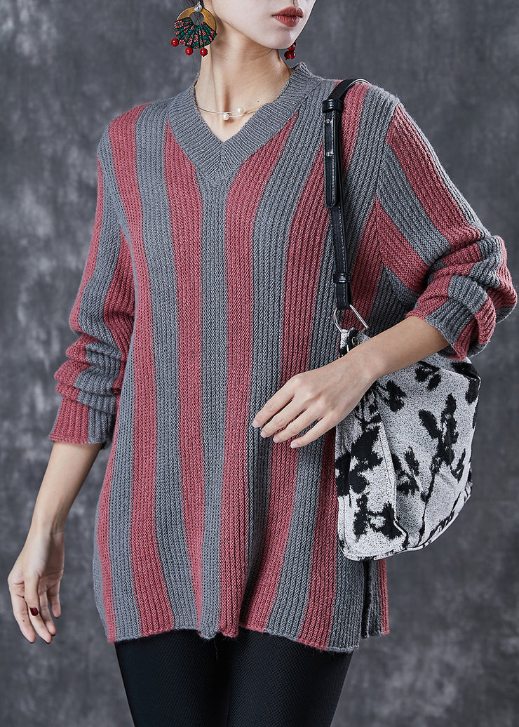 French Colorblock V Neck Striped Knit Top Spring