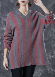 French Colorblock V Neck Striped Knit Top Spring