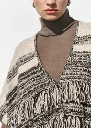 French Colorblock V Neck Tasseled Woolen Vest Tops Cloak Sleeves