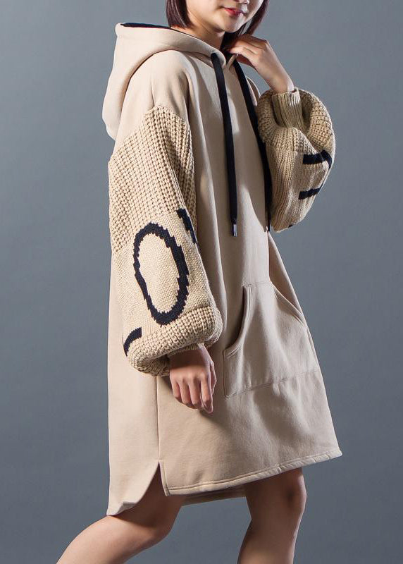 French Cotton tunic dressSweets Hoodies Drawstring Spliced Split Winter Dress