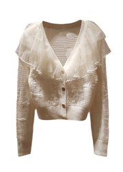 French Cute Beige Tulle Ruffled Patchwork Knit Cardigans Spring