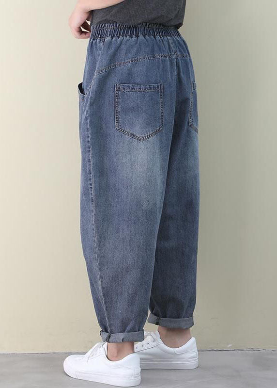 French Dark Blue Elastic Waist Pockets Patchwork Cotton Denim Pants Spring