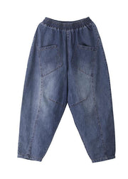 French Dark Blue Elastic Waist Pockets Patchwork Cotton Denim Pants Spring