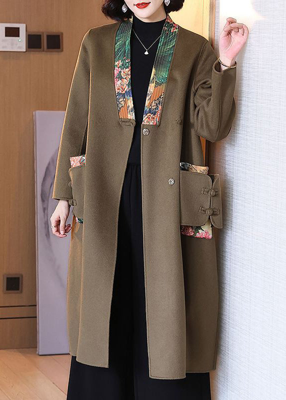 French Dark Camel Button Pockets Patchwork Wool Coat Spring