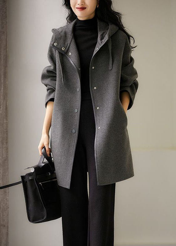 French Dark Gray Drawstring Button Hoodie Wool Blend Coat Long Sleeve