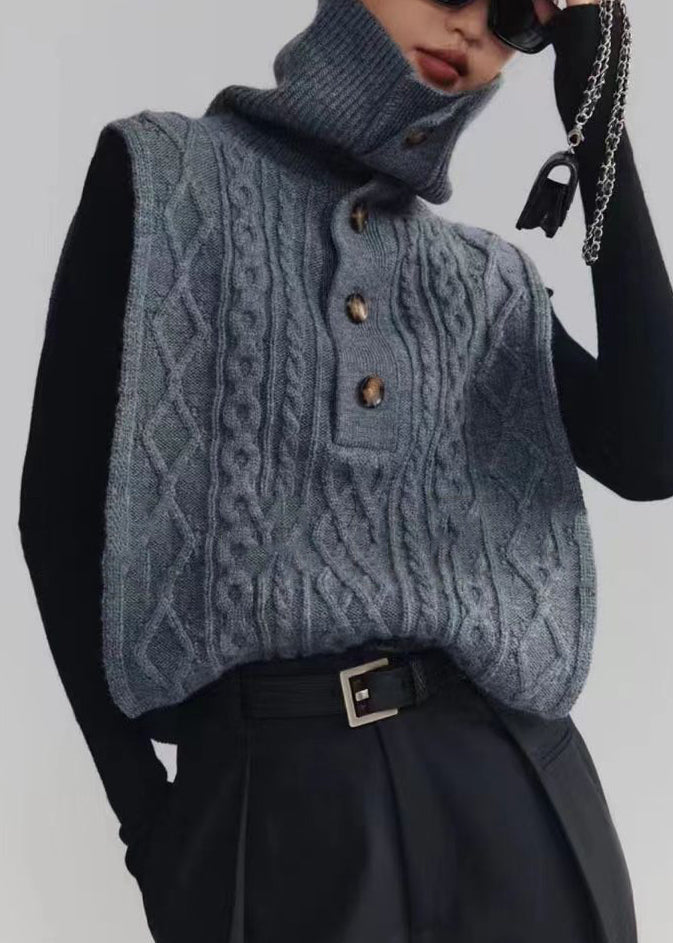 French Dark Gray Turtleneck Button Cable Knit Waistcoat Sleeveless