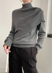 French Dark Grey Hign Neck False Two Pieces Woolen Knit Sweaters Spring