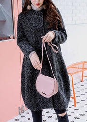 French Dark Grey O-Neck Oversized Solid Woolen Coat Outwear Winter