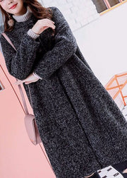 French Dark Grey O-Neck Oversized Solid Woolen Coat Outwear Winter