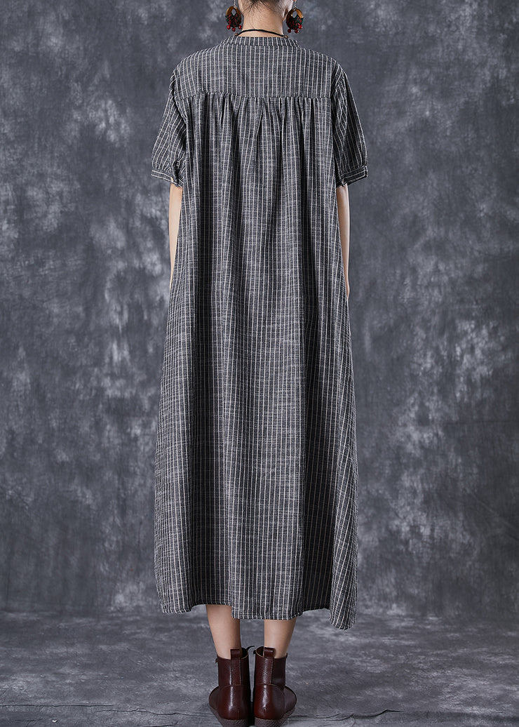 French Dark Grey Oversized Striped Linen A Line Dresses Summer