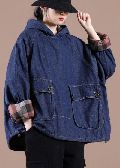 French Denim Blue Clothes For Women Hooded Pockets Oversized Spring Tops - SooLinen