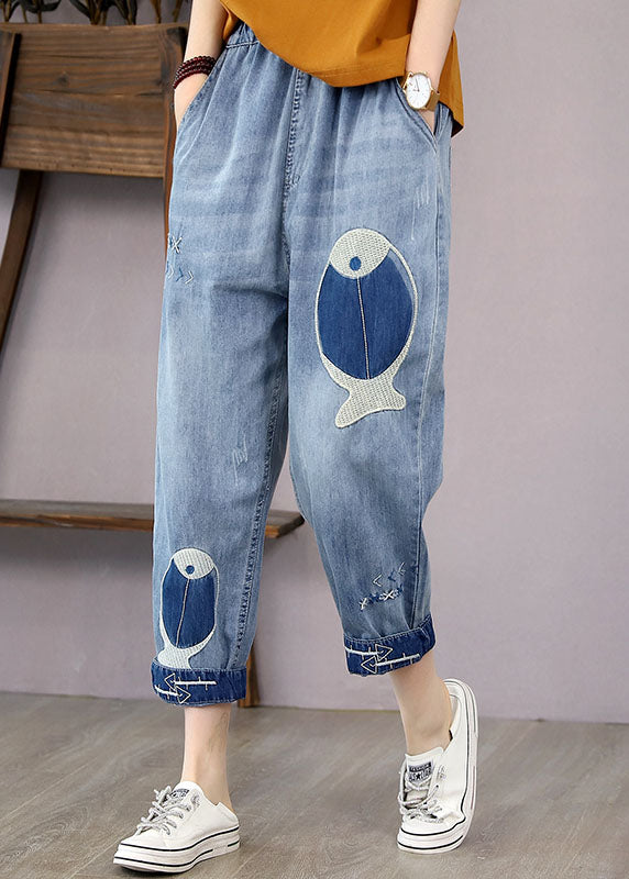 French Denim Blue Elastic Waist Fish Embroidered Pockets Cotton Harem Pants Summer