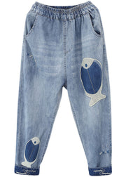 French Denim Blue Elastic Waist Fish Embroidered Pockets Cotton Harem Pants Summer