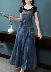 French Denim Blue Embroidered Button Pockets Cotton Spaghetti Strap Dresses Summer