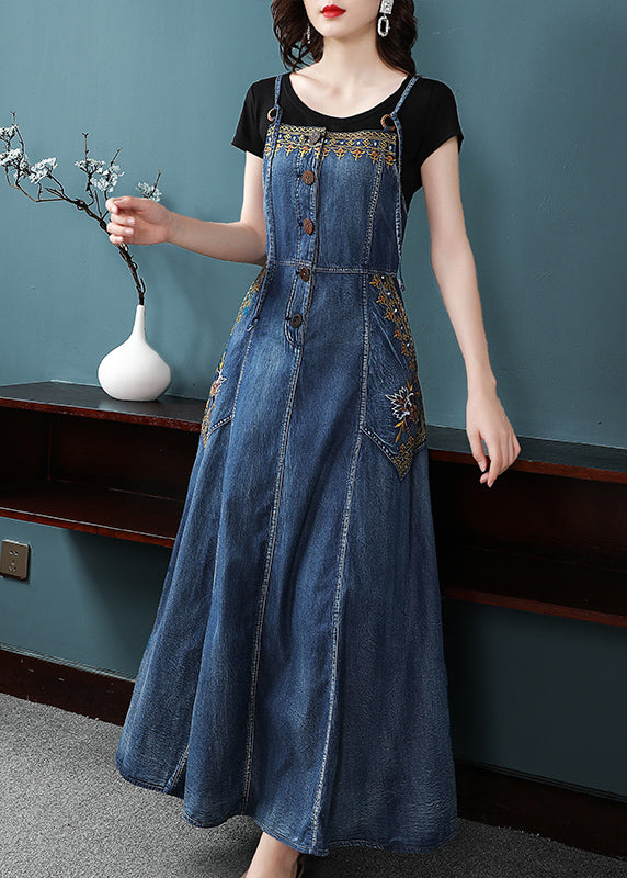 French Denim Blue Embroidered Button Pockets Cotton Spaghetti Strap Dresses Summer