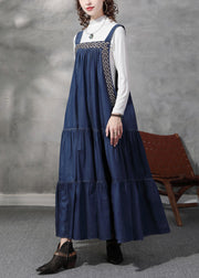 French Denim Blue Embroidered Exra Large Hem Cotton Strap Dress Summer