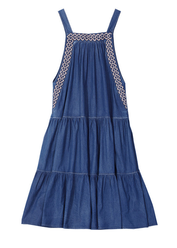 French Denim Blue Embroidered Exra Large Hem Cotton Strap Dress Summer