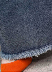 French Denim Blau Hohe Taille Loch Bestickte Taschen Baumwolle Hose mit weitem Bein Frühling