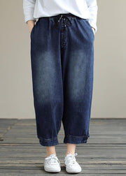 French Denim Blue Pants Plus Size Spring Elastic Waist Pockets Inspiration Women Pants - SooLinen