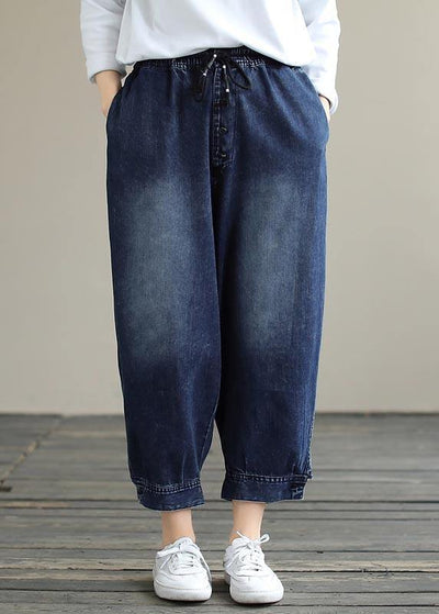 French Denim Blue Pants Plus Size Spring Elastic Waist Pockets Inspiration Women Pants - SooLinen