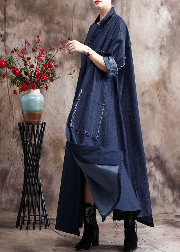 French Denim Blue Peter Pan Collar Patchwork Tassel Cotton Trench Coats Long Sleeve