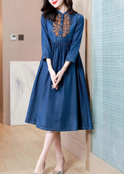 French Denim Blue V Neck Embroidered Patchwork Elastic Waist Cotton Long Dresses Spring