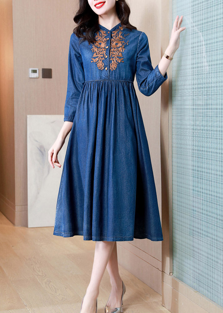 French Denim Blue V Neck Embroidered Patchwork Elastic Waist Cotton Long Dresses Spring