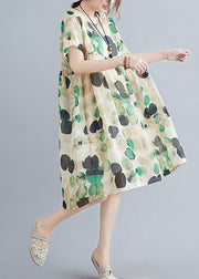 French Dot Print Original Design Linen Holiday Dress Short Sleeve