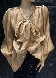 French Gold Bow Lace Up Silk Shirts Puff Sleeve