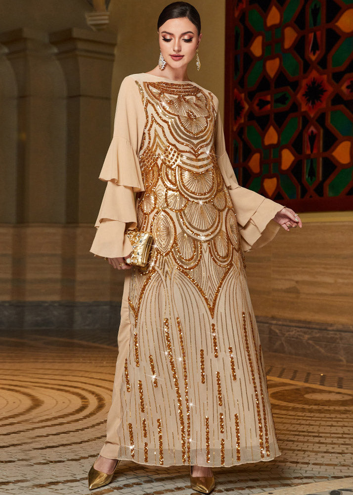 French Gold Embroidered Sequins Chiffon Maxi Dresses Butterfly Sleeve