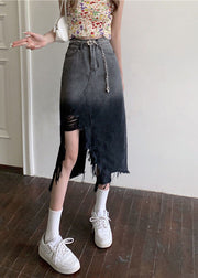 French Gradient Color Front Open Tasseled Denim Skirts Summer