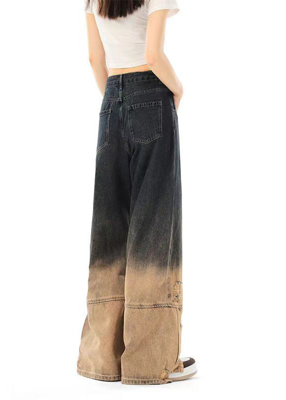 French Gradient Color Pockets Ripped Denim Straight Pants Spring