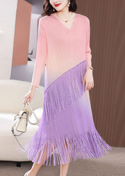 French Gradient Color V Neck Patchwork Tassel Nail Bead Long Dress Summer