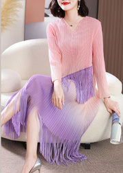 French Gradient Color V Neck Patchwork Tassel Nail Bead Long Dress Summer