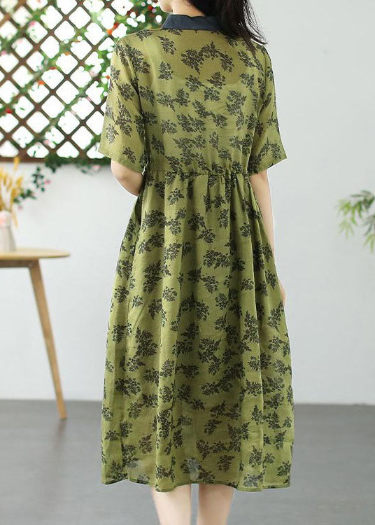 French Grass Green Peter Pan Collar Print Patchwork Linen Dresses Summer