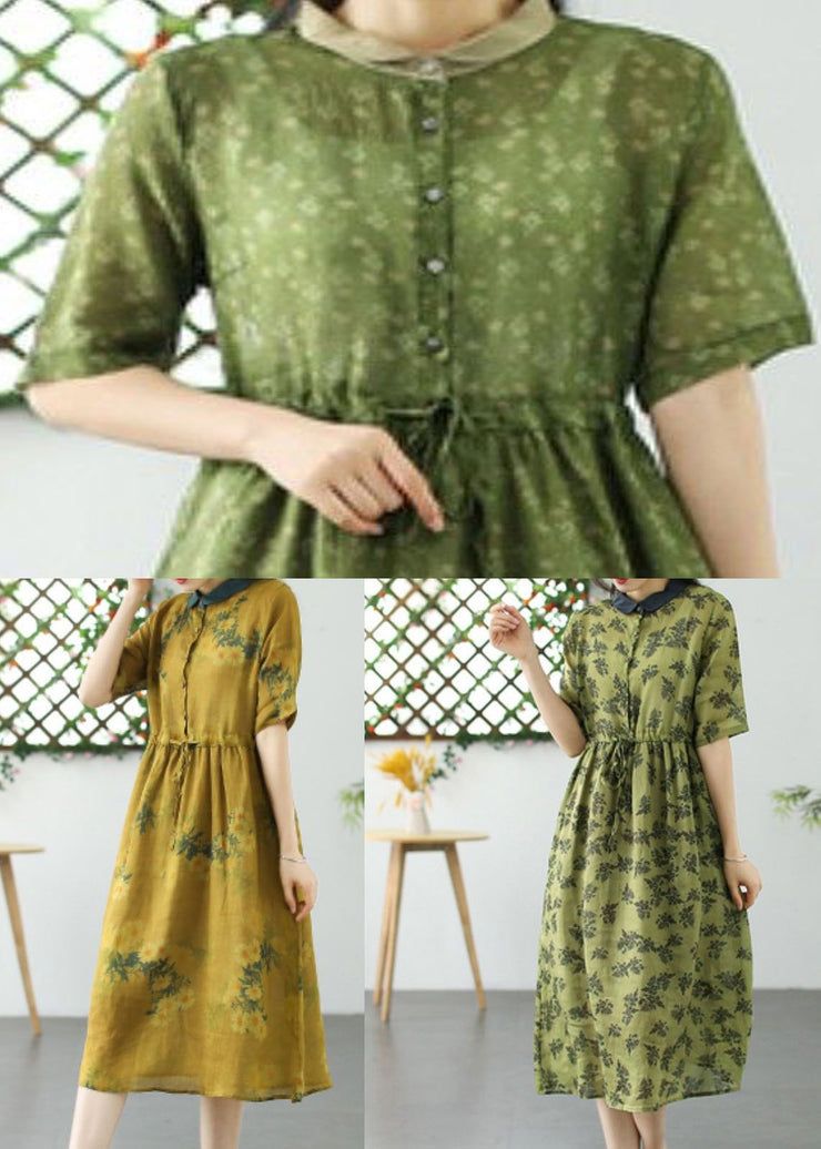 French Grass Green Peter Pan Collar Print Patchwork Linen Dresses Summer