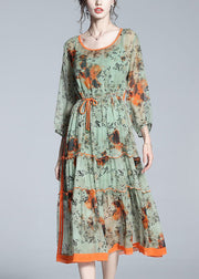 French Grass Green Print Patchwork Drawstring Tie Waist Silk Maxi Dress Spring