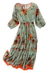 French Grass Green Print Patchwork Drawstring Tie Waist Silk Maxi Dress Spring