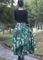 French Green Asymmetrical Print Skirts Spring
