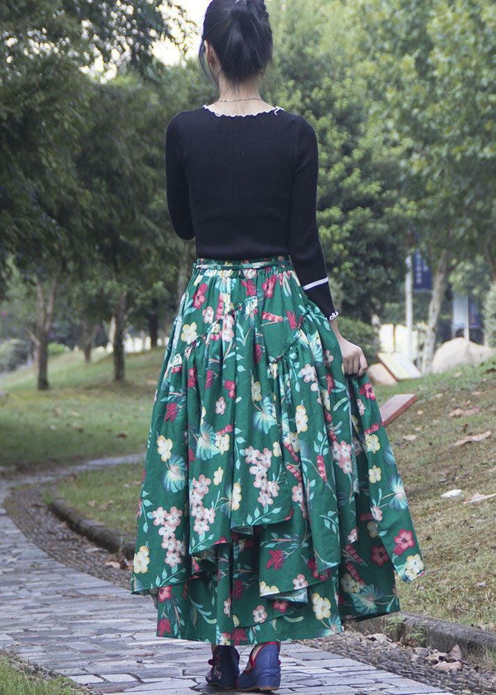 French Green Asymmetrical Print Skirts Spring