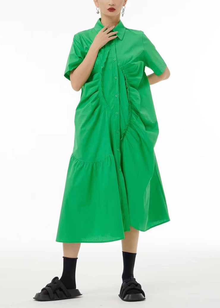 French Green Asymmetrical Wrinkled Cotton Robe Dresses Summer