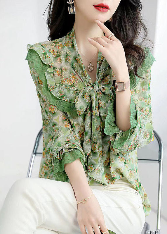 French Green Bow Collar Patchwork Ruffles Print Chiffon Shirts Spring