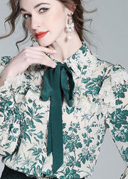 French Green Bow Lace Patchwork Print Silk Shirt Top Spring