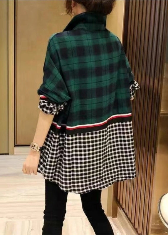 French Green Button Peter Pan Collar Plaid Patchwork Blouses Long Sleeve