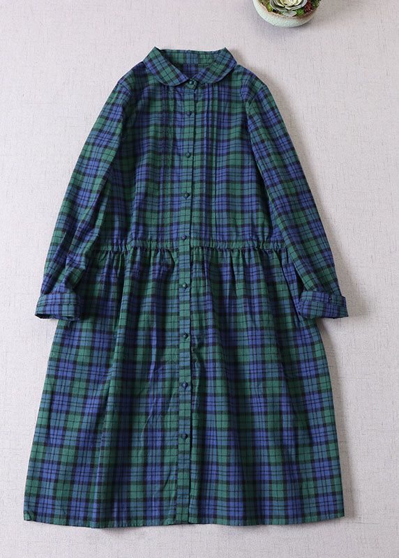 French Green Cinched Plaid Cotton Maxi Dresses Spring